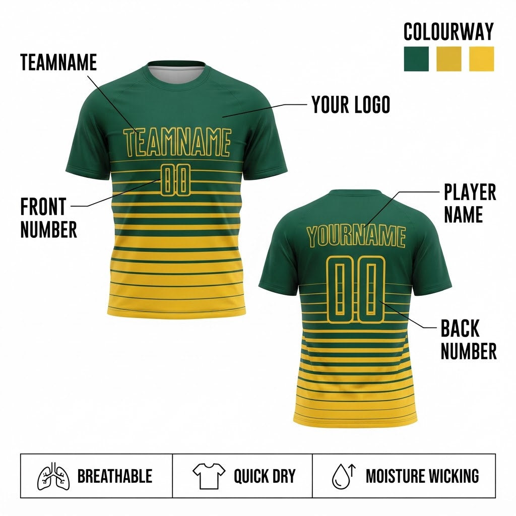 Custom Kelly Green Fade Pinstripe Sublimated Soccer Jersey with Yellow Lettering customization guide