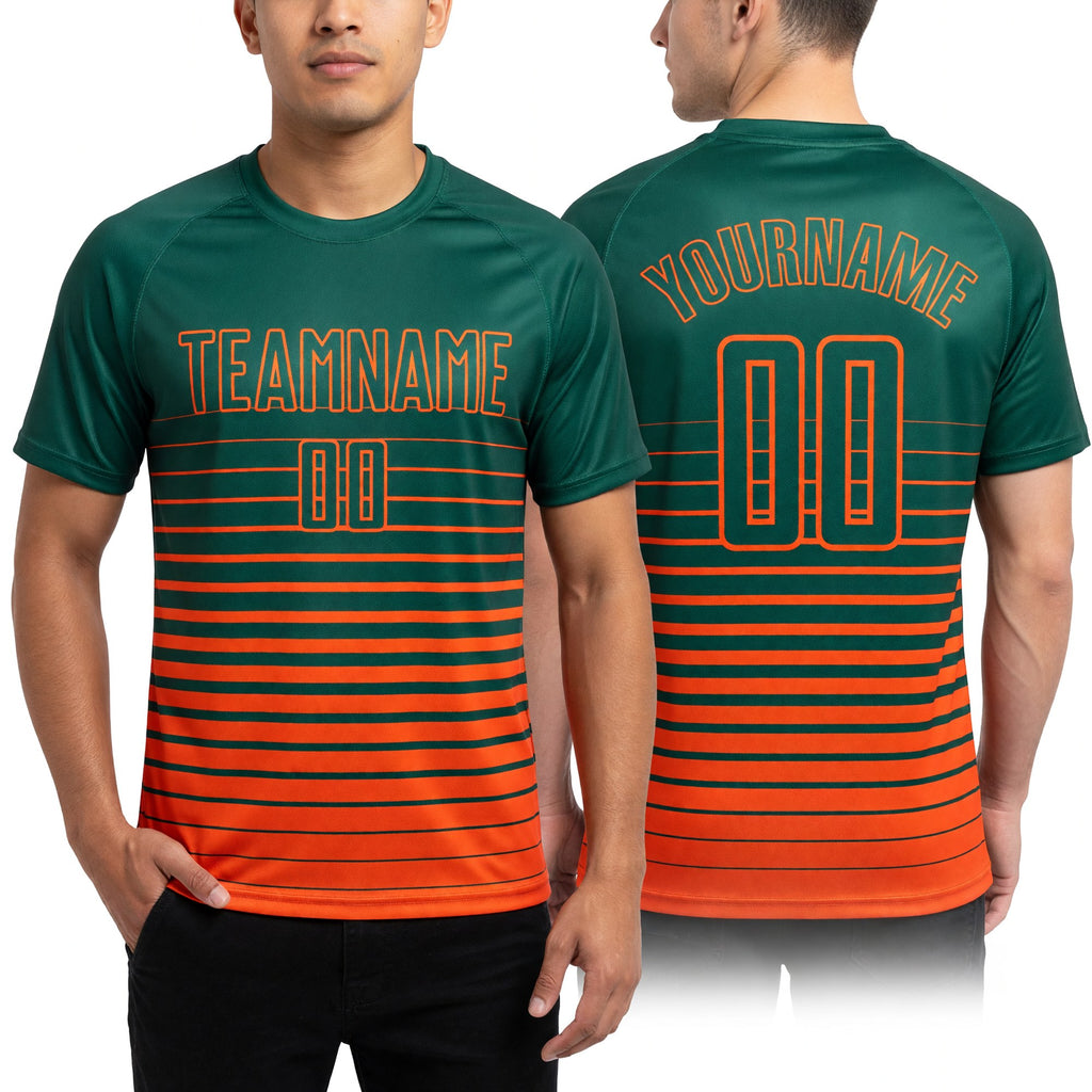 Custom Kelly Green Orange Pinstripe Fade Fashion Sublimation Soccer Uniform Jersey worn front and back