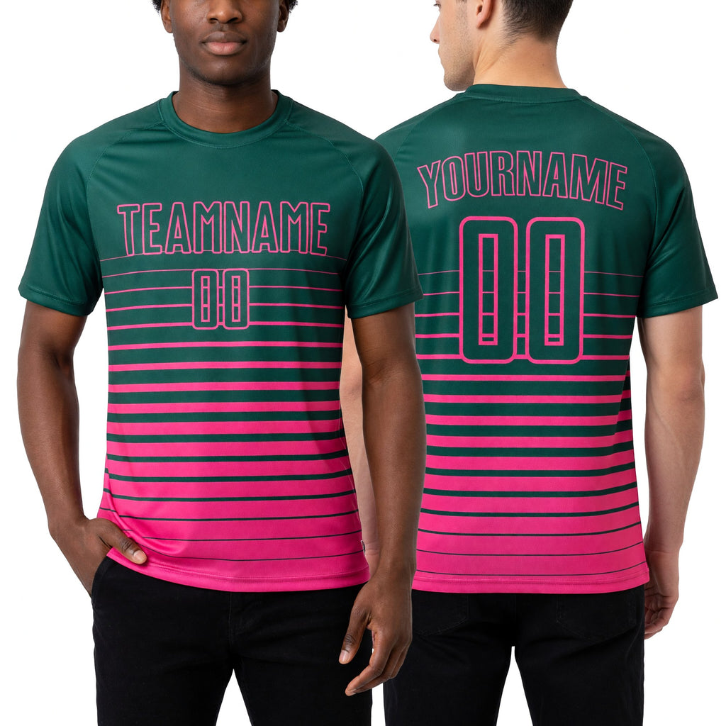 Custom Kelly Green Pink Pinstripe Fade Fashion Sublimation Soccer Uniform Jersey worn front and back