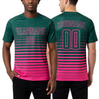 Custom Kelly Green Pink Pinstripe Fade Fashion Sublimation Soccer Uniform Jersey worn front and back