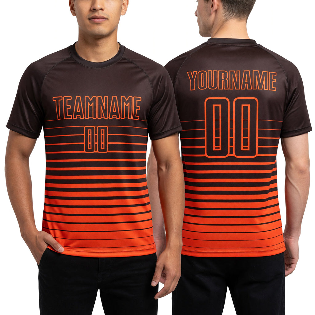 Custom Brown Orange Pinstripe Fade Fashion Sublimation Soccer Uniform Jersey worn front and back