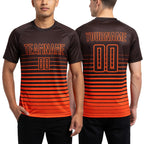 Custom Brown Orange Pinstripe Fade Fashion Sublimation Soccer Uniform Jersey worn front and back