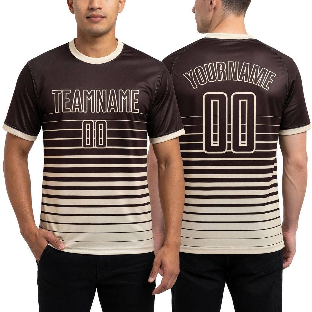 Custom Brown Cream Pinstripe Fade Fashion Sublimation Soccer Uniform Jersey worn front and back