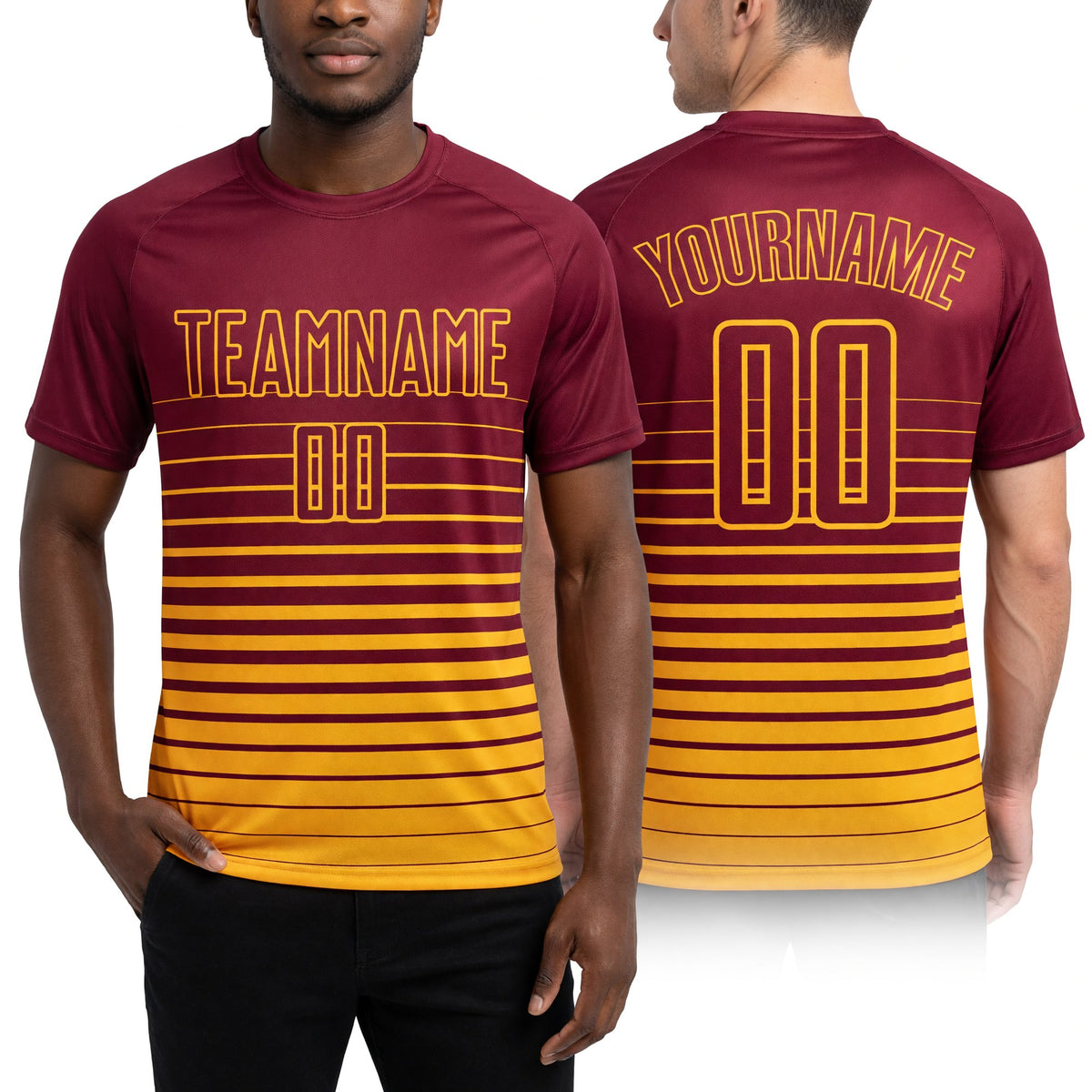 Custom Maroon Yellow Pinstripe Fade Fashion Sublimation Soccer Uniform Jersey worn front and back