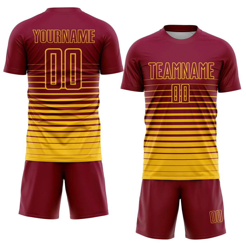Custom Maroon Yellow Pinstripe Fade Fashion Sublimation Soccer Uniform Jersey photo 2