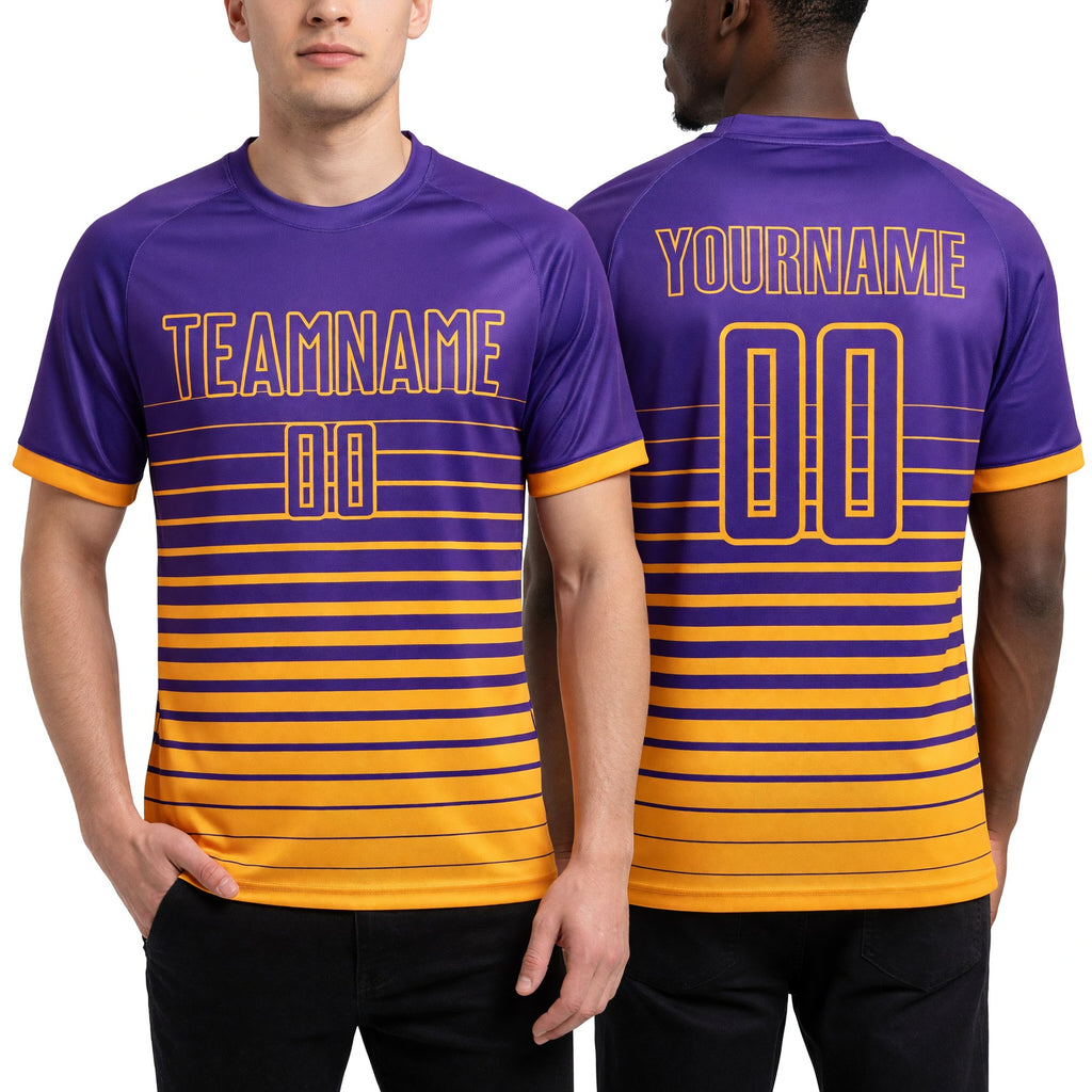 Custom Purple Gold Pinstripe Fade Fashion Sublimation Soccer Uniform Jersey worn front and back