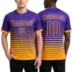 Custom Purple Gold Pinstripe Fade Fashion Sublimation Soccer Uniform Jersey worn front and back