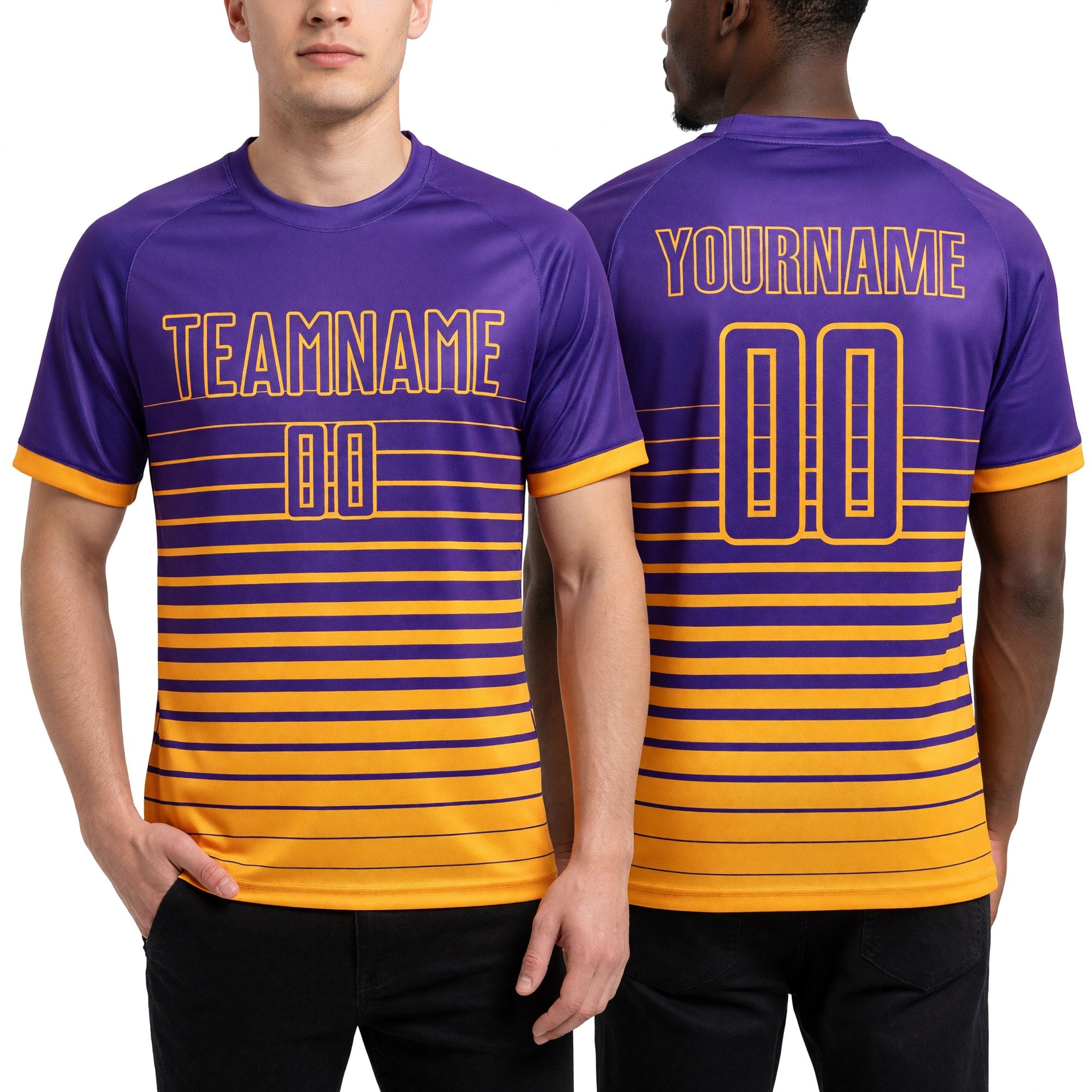 Custom Purple Gold Pinstripe Fade Fashion Sublimation Soccer Uniform Jersey worn front and back