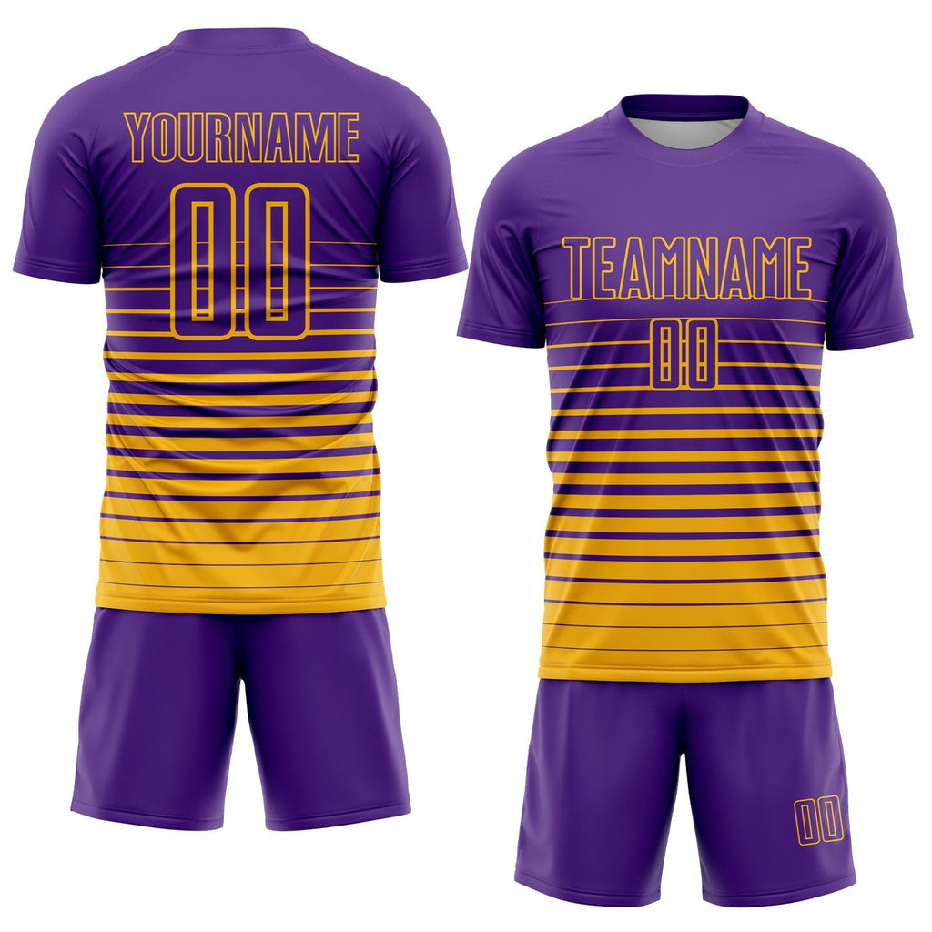 Custom Purple Gold Pinstripe Fade Fashion Sublimation Soccer Uniform Jersey photo 2