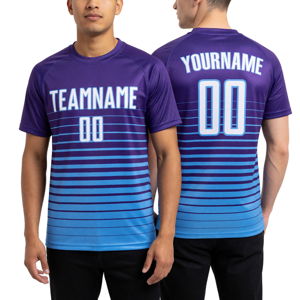 Custom Purple White-Light Blue Pinstripe Fade Fashion Sublimation Soccer Uniform Jersey worn front and back
