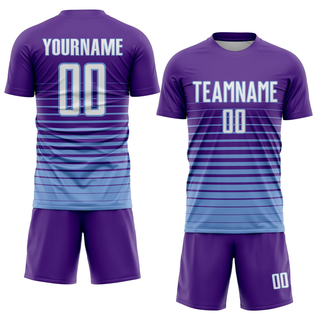 Custom Purple White-Light Blue Pinstripe Fade Fashion Sublimation Soccer Uniform Jersey photo 2