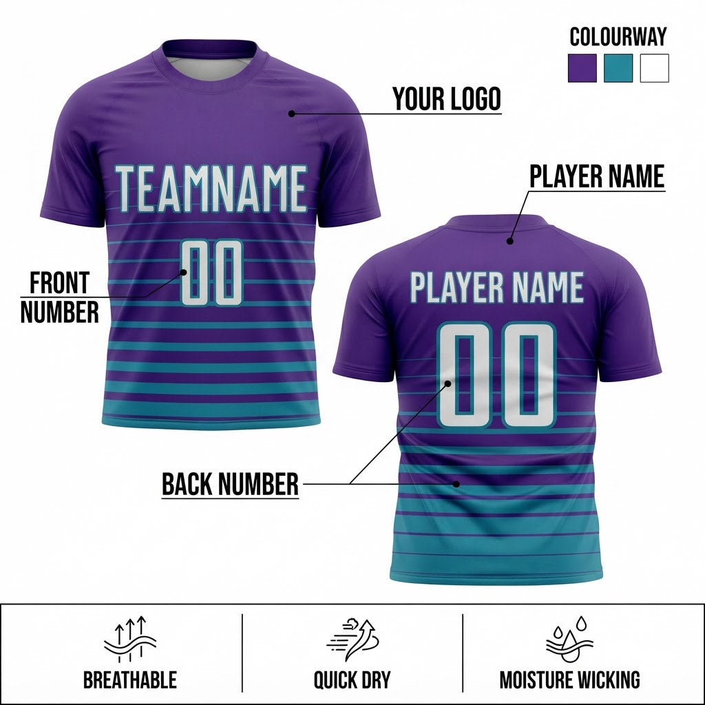 Custom Purple Fade Pinstripe Sublimated Soccer Jersey with White and Teal Lettering customization guide