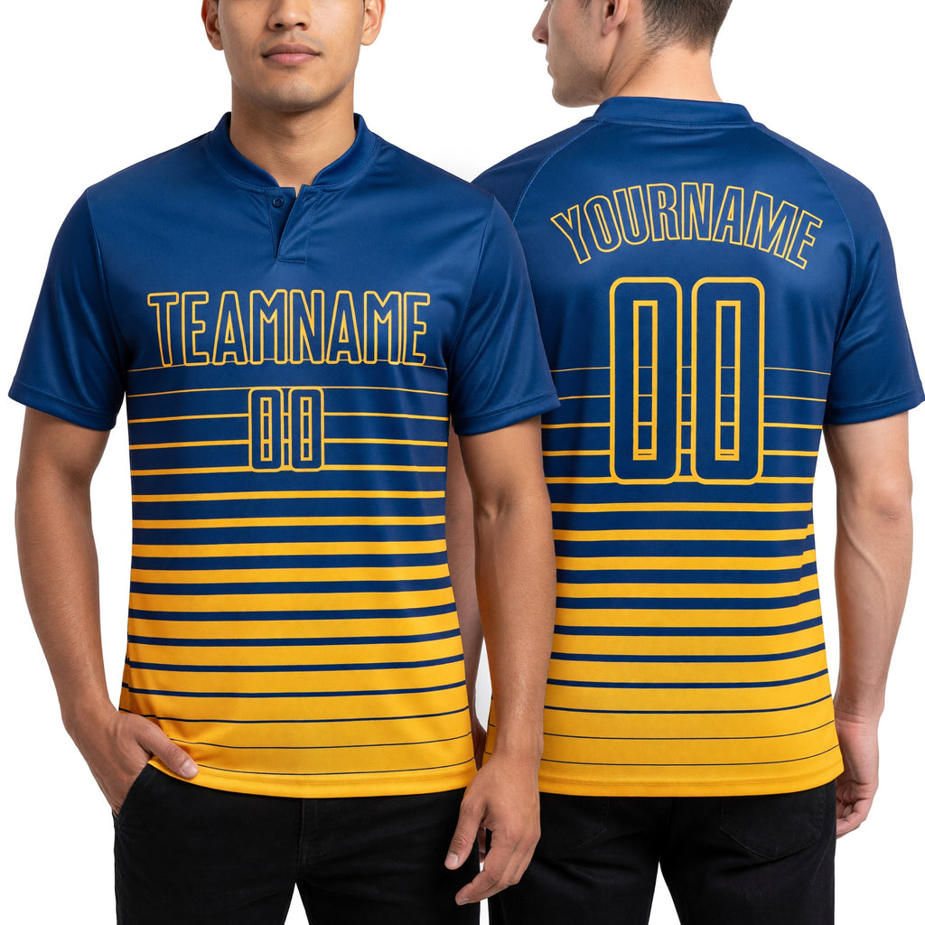 Custom Royal Yellow Pinstripe Fade Fashion Sublimation Soccer Uniform Jersey worn front and back