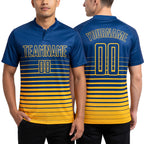 Custom Royal Yellow Pinstripe Fade Fashion Sublimation Soccer Uniform Jersey worn front and back