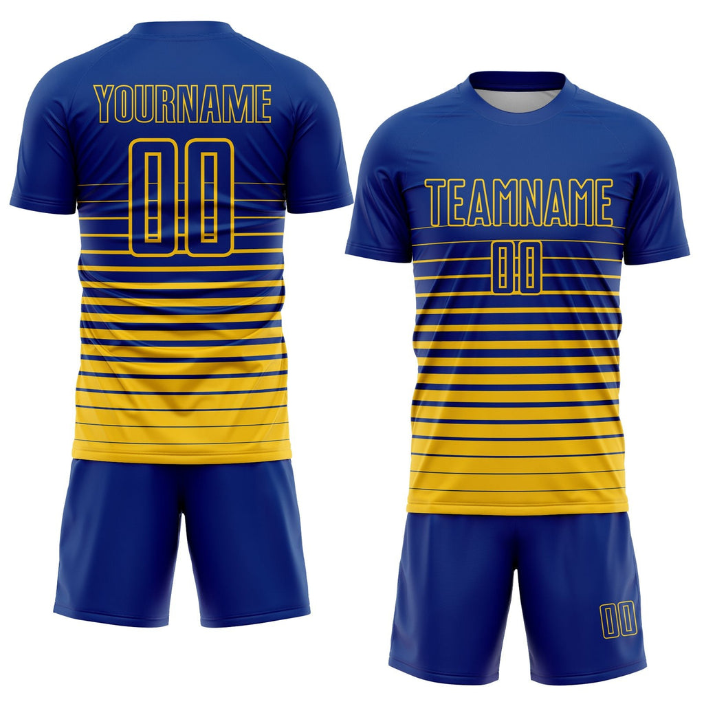Custom Royal Yellow Pinstripe Fade Fashion Sublimation Soccer Uniform Jersey photo 2