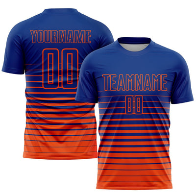 Custom Royal Fade Pinstripe Sublimated Soccer Jersey with Orange Lettering