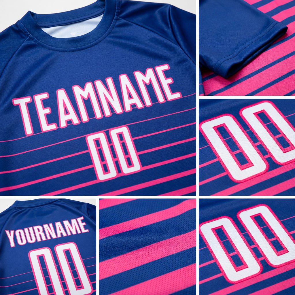 Custom Royal White-Pink Pinstripe Fade Fashion Sublimation Soccer Uniform Jersey detail