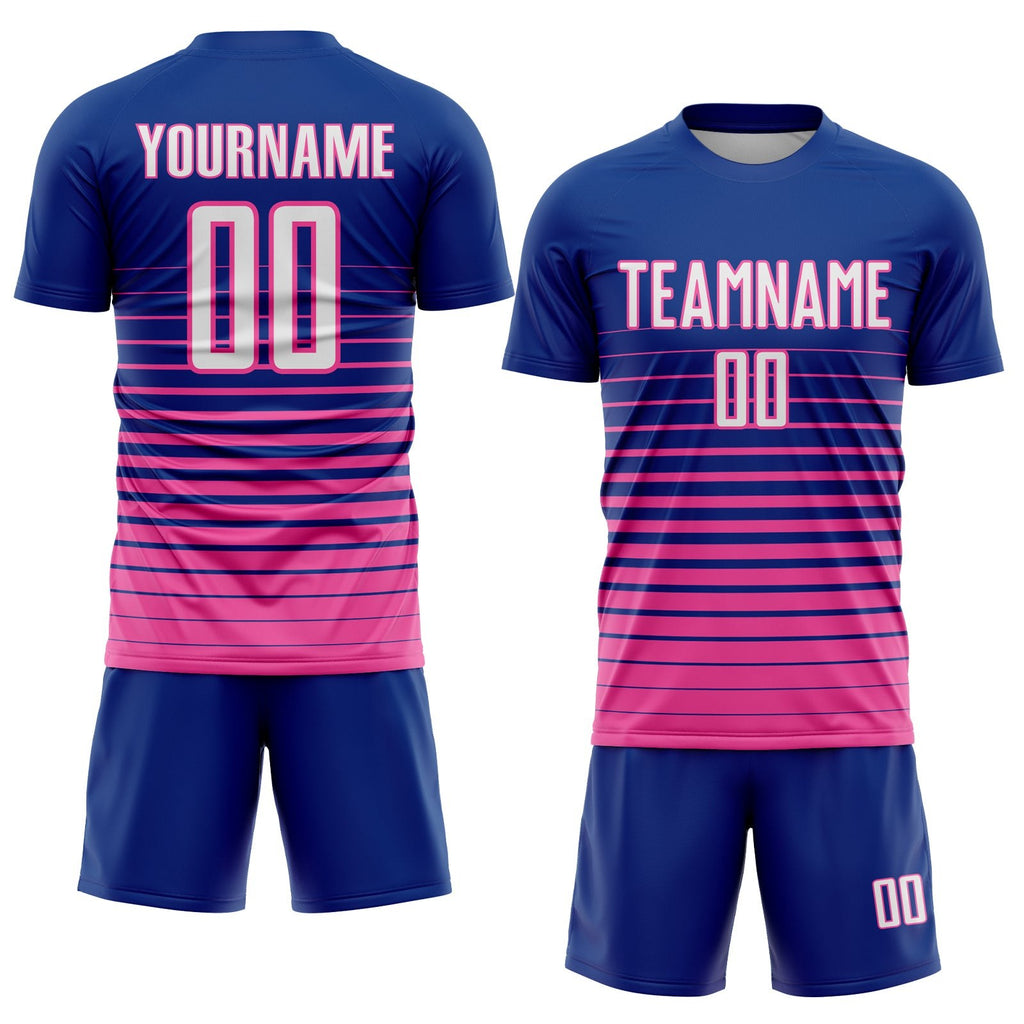Custom Royal White-Pink Pinstripe Fade Fashion Sublimation Soccer Uniform Jersey photo 2