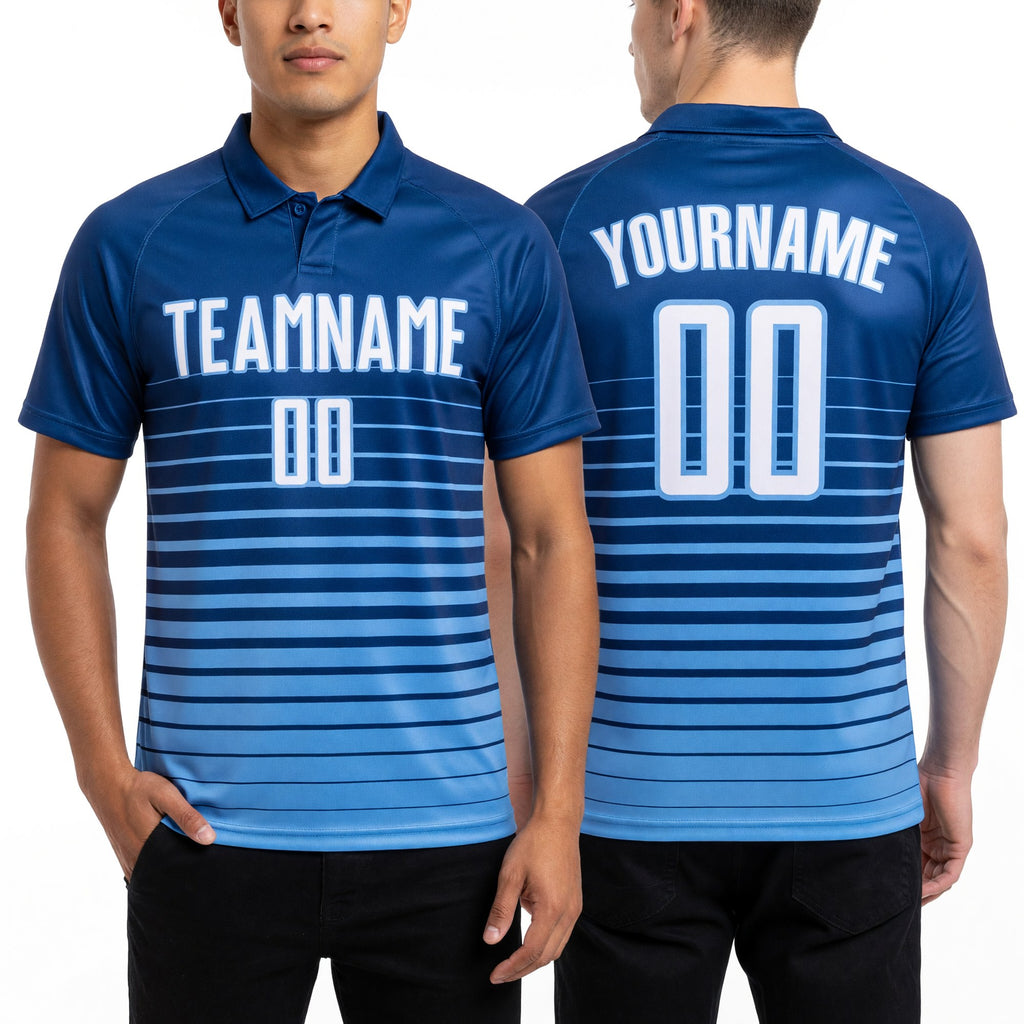 Custom Royal White-Light Blue Pinstripe Fade Fashion Sublimation Soccer Uniform Jersey worn front and back