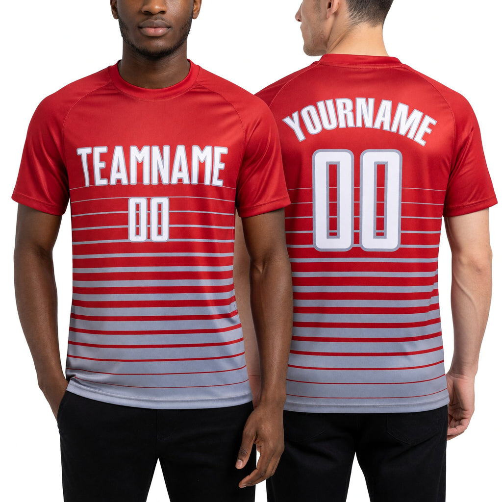 Custom Red White-Gray Pinstripe Fade Fashion Sublimation Soccer Uniform Jersey worn front and back