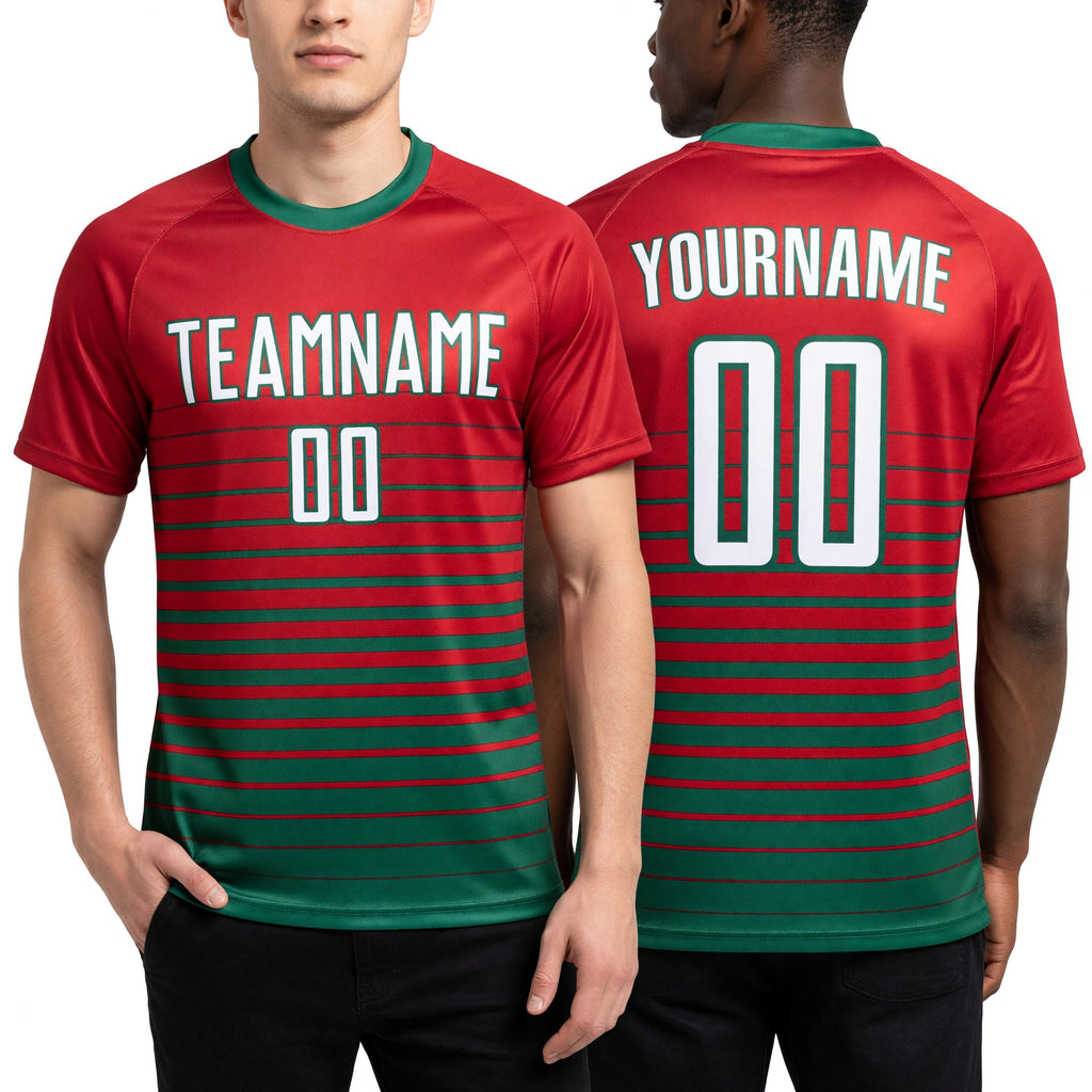 Custom Red White-Kelly Green Pinstripe Fade Fashion Sublimation Soccer Uniform Jersey worn front and back