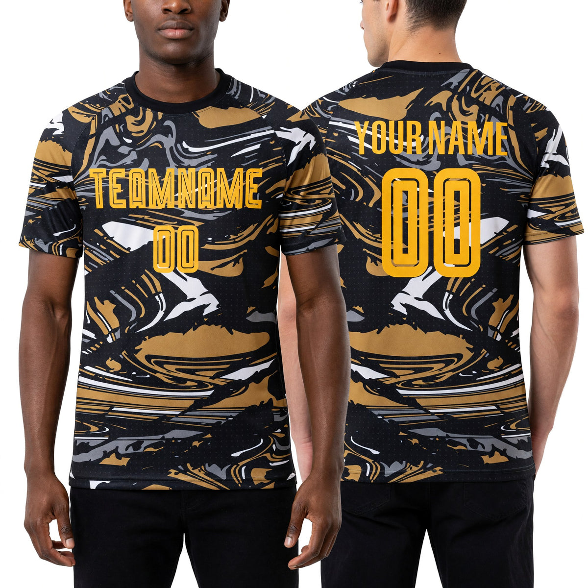 Custom Figure Gold-Old Gold Sublimation Soccer Uniform Jersey worn front and back