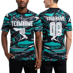 Custom Figure White-Aqua Sublimation Soccer Uniform Jersey worn front and back