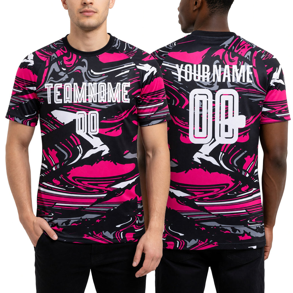 Custom Figure White-Hot Pink Sublimation Soccer Uniform Jersey worn front and back