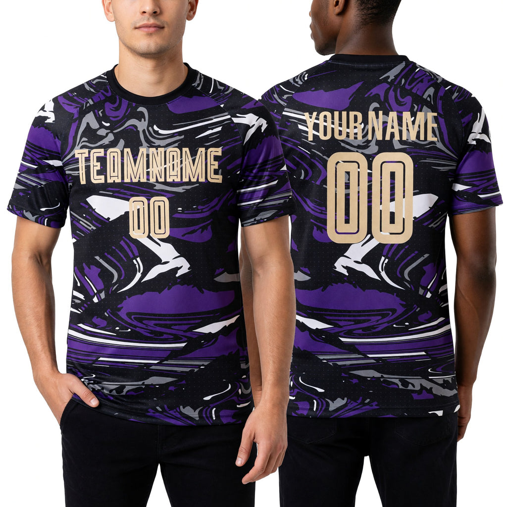 Custom Figure City Cream-Purple Sublimation Soccer Uniform Jersey worn front and back