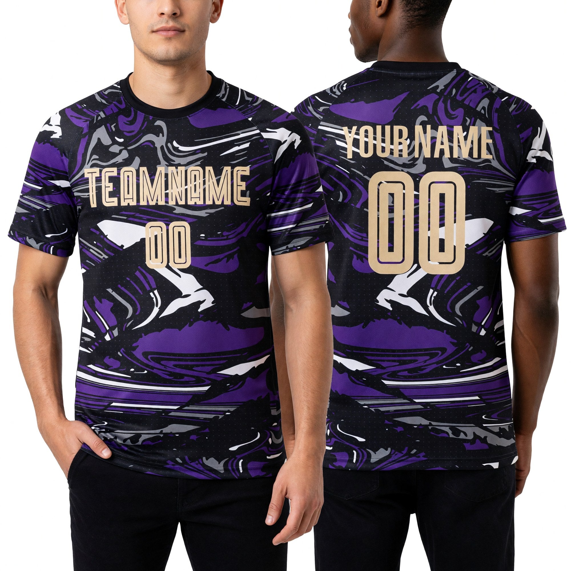 Custom Figure City Cream-Purple Sublimation Soccer Uniform Jersey worn front and back