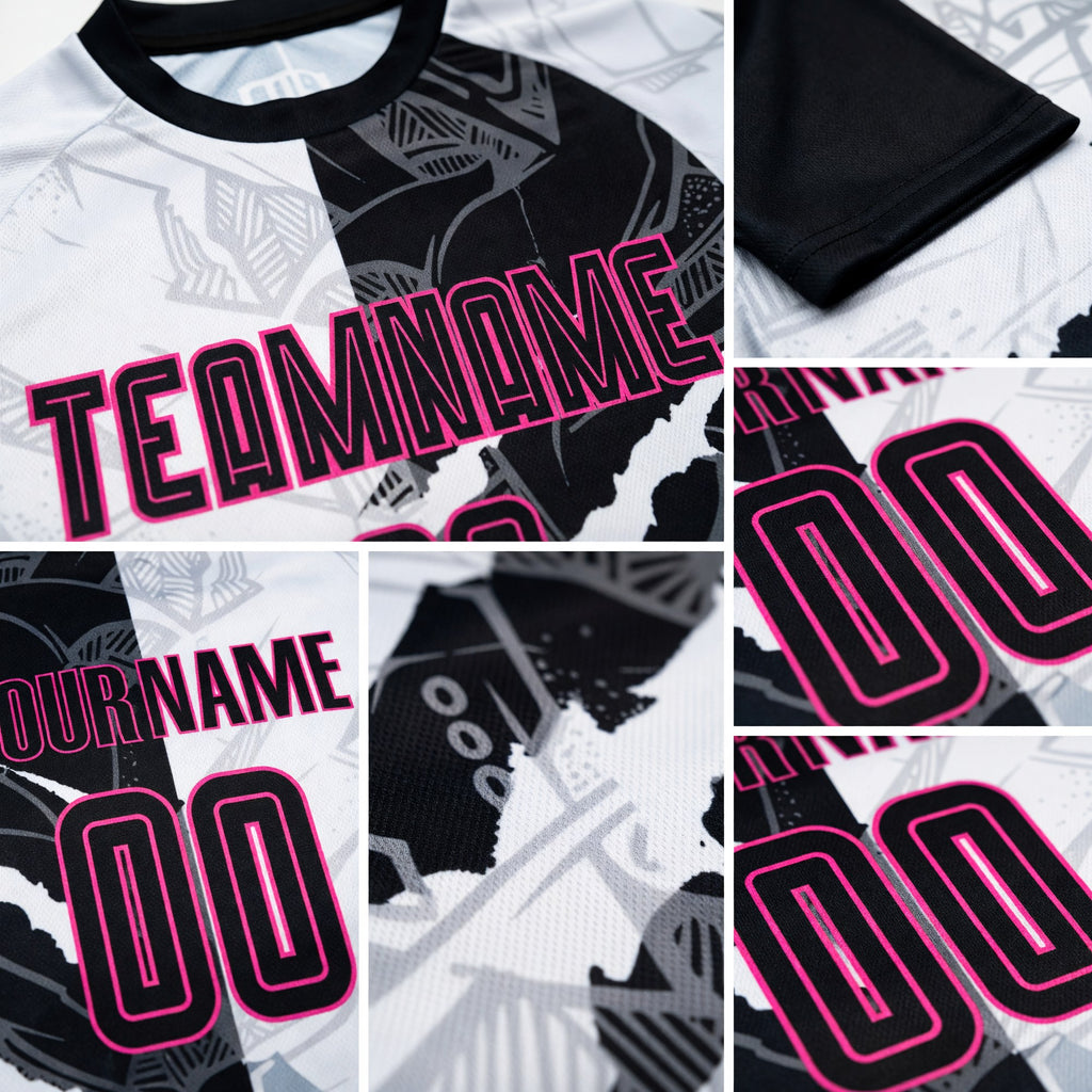 Custom Graffiti Pattern Black-Pink Scratch Sublimation Soccer Uniform Jersey detail