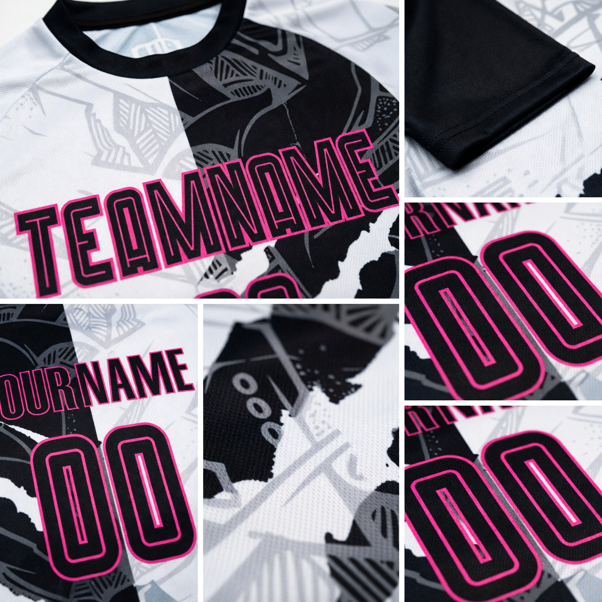 Custom Graffiti Pattern Black-Pink Scratch Sublimation Soccer Uniform Jersey detail