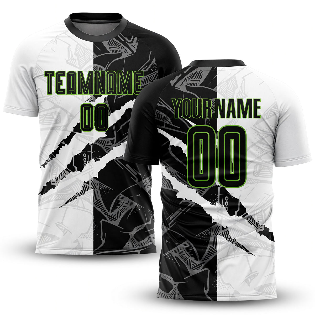 Custom Graffiti Pattern Black-Neon Green Scratch Sublimation Soccer Uniform Jersey