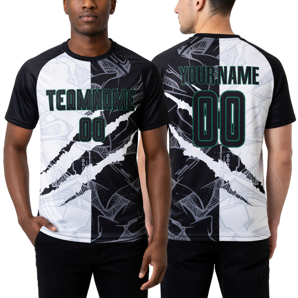Custom Graffiti Pattern Black-Kelly Green Scratch Sublimation Soccer Uniform Jersey worn front and back