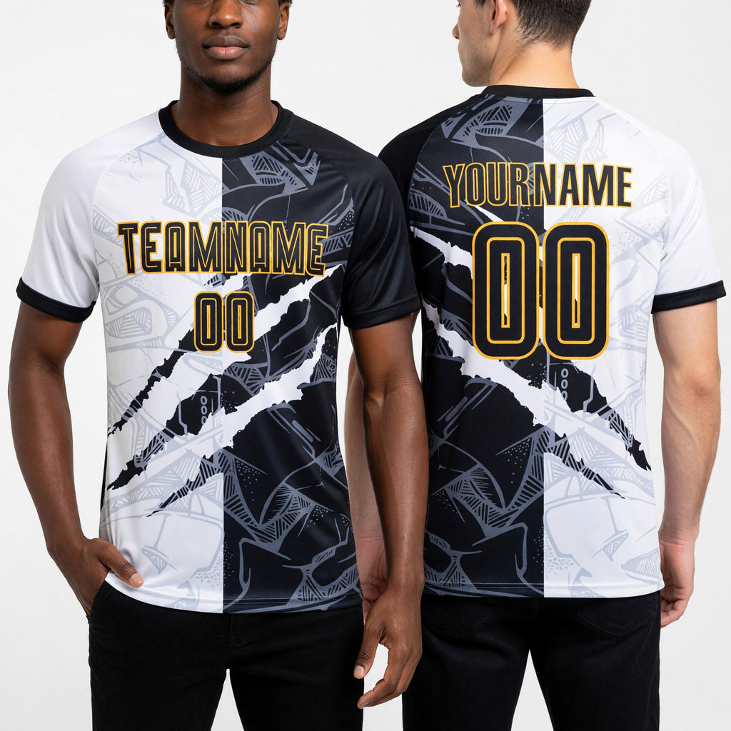 Custom Graffiti Pattern Black-Gold Scratch Sublimation Soccer Uniform Jersey worn front and back
