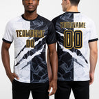 Custom Graffiti Pattern Black-Gold Scratch Sublimation Soccer Uniform Jersey worn front and back