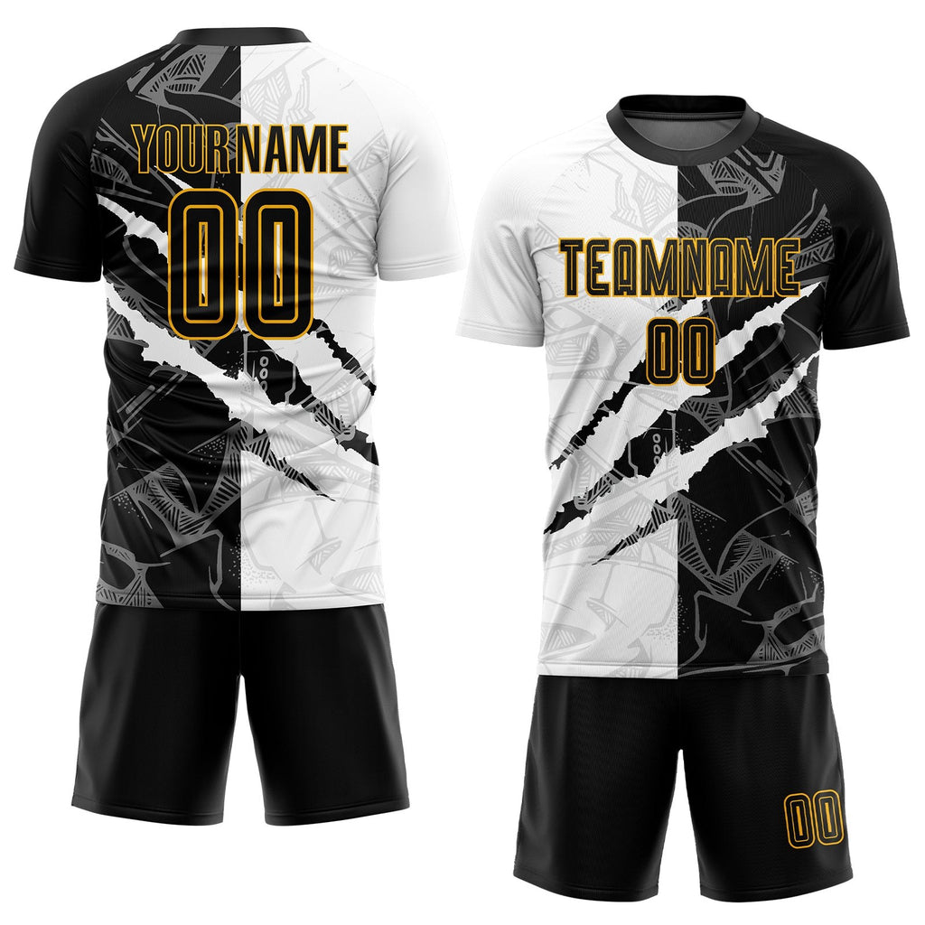 Custom Graffiti Pattern Black-Gold Scratch Sublimation Soccer Uniform Jersey photo 2