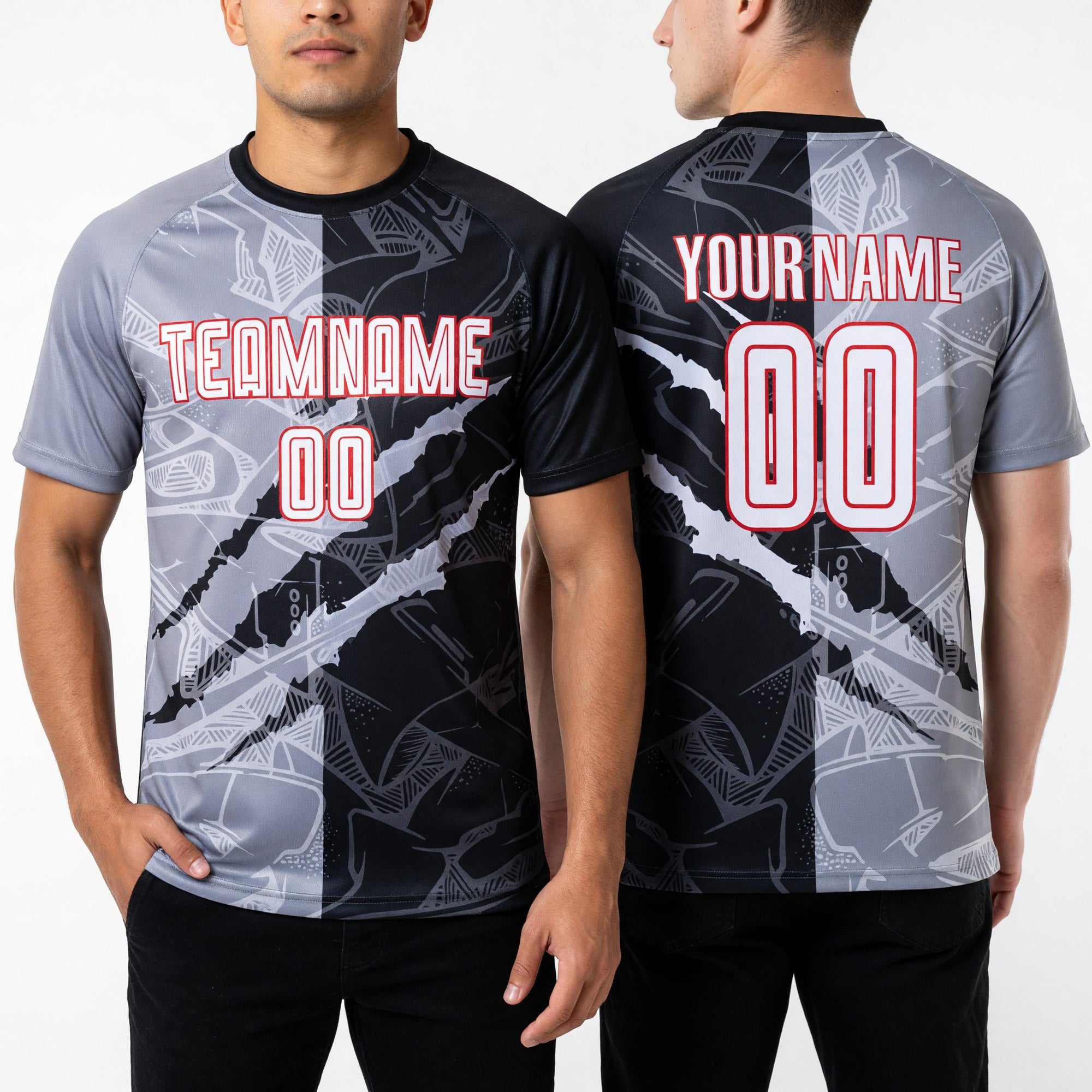 Custom Graffiti Pattern White Black Gray-Red Scratch Sublimation Soccer Uniform Jersey worn front and back