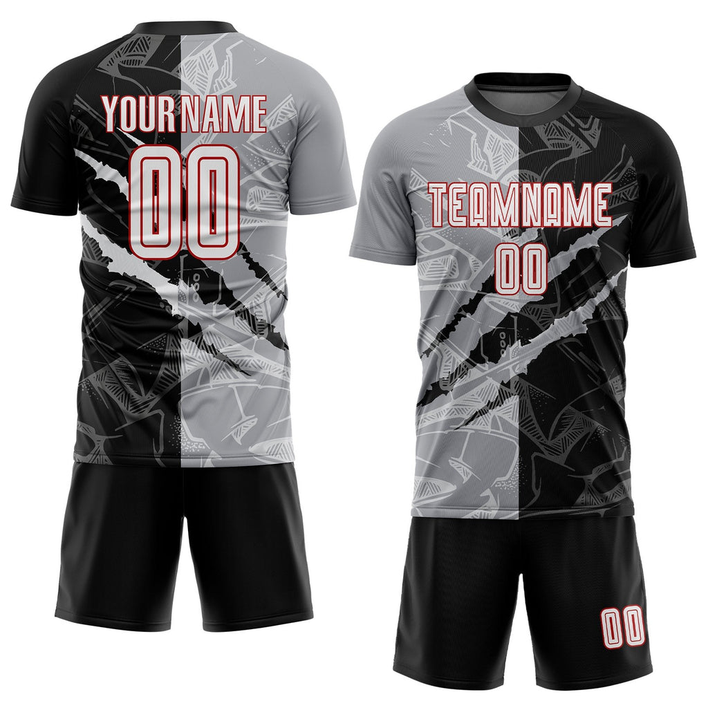 Custom Graffiti Pattern White Black Gray-Red Scratch Sublimation Soccer Uniform Jersey photo 2