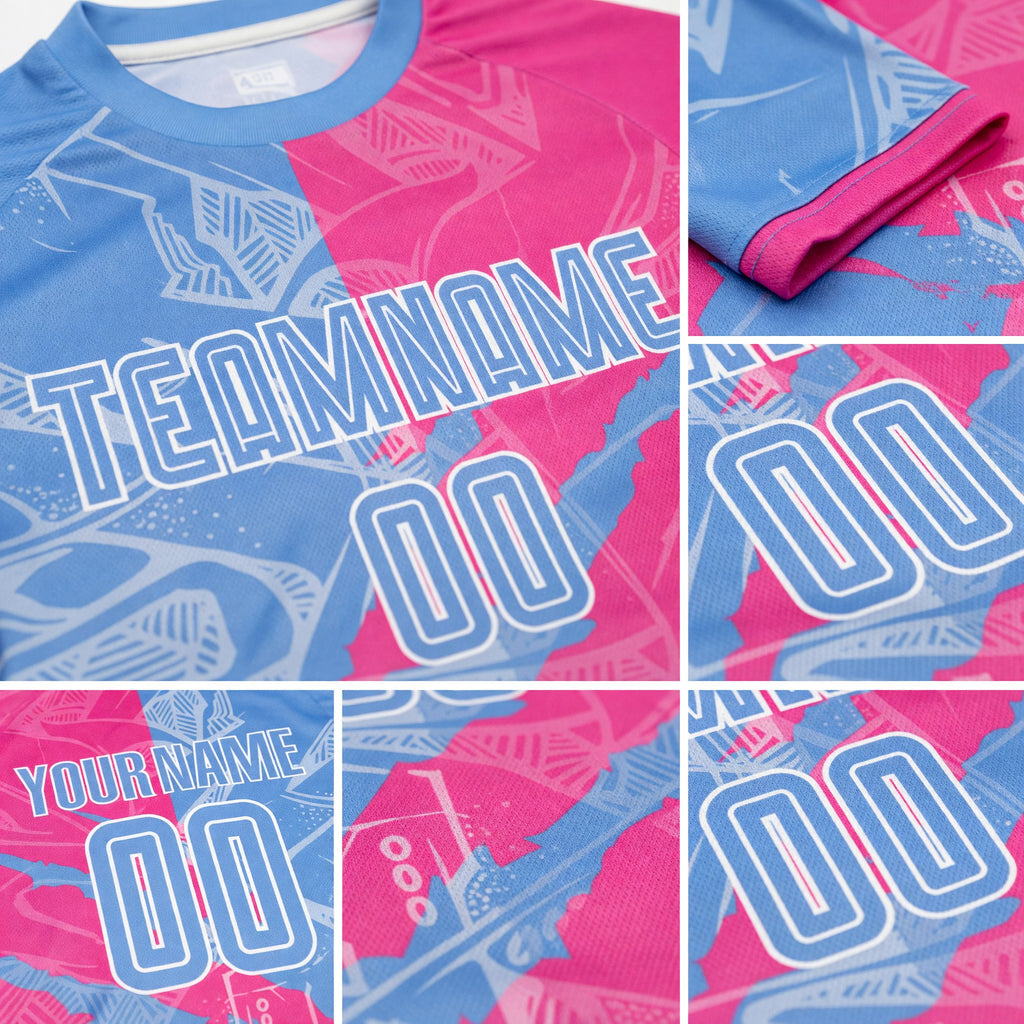 Custom Graffiti Pattern Light Blue-Pink Scratch Sublimation Soccer Uniform Jersey detail
