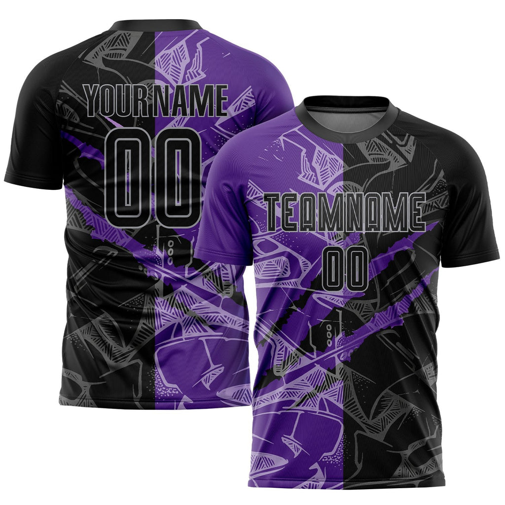 Custom Graffiti Pattern Black Purple-Gray Scratch Sublimation Soccer Uniform Jersey photo 1