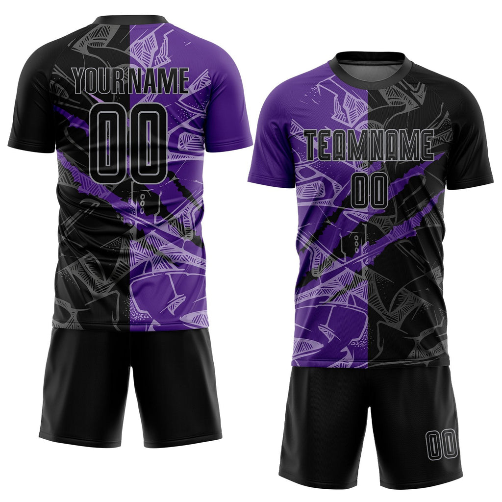 Custom Graffiti Pattern Black Purple-Gray Scratch Sublimation Soccer Uniform Jersey photo 2