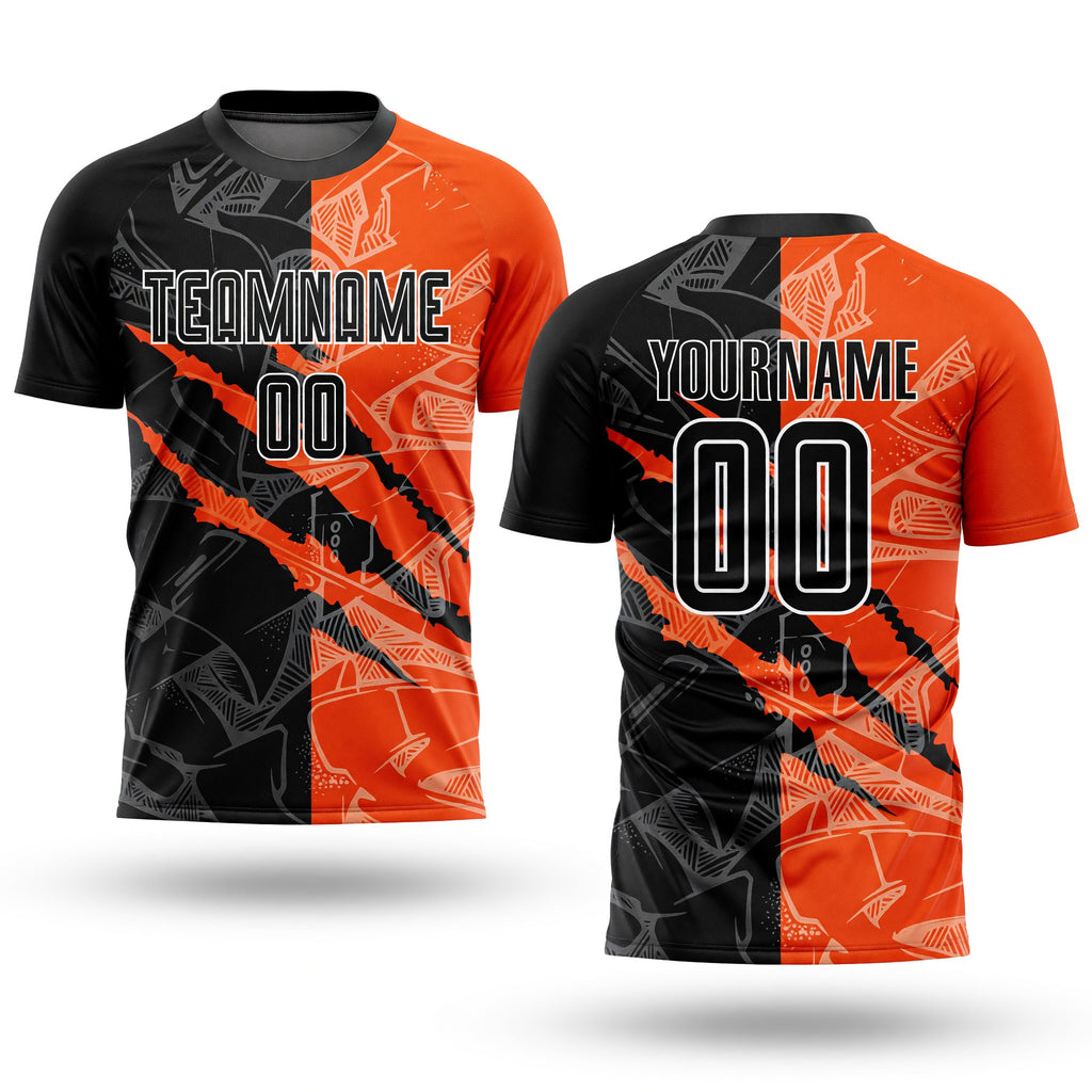 Custom Graffiti Pattern Black-Orange Scratch Sublimation Soccer Uniform Jersey