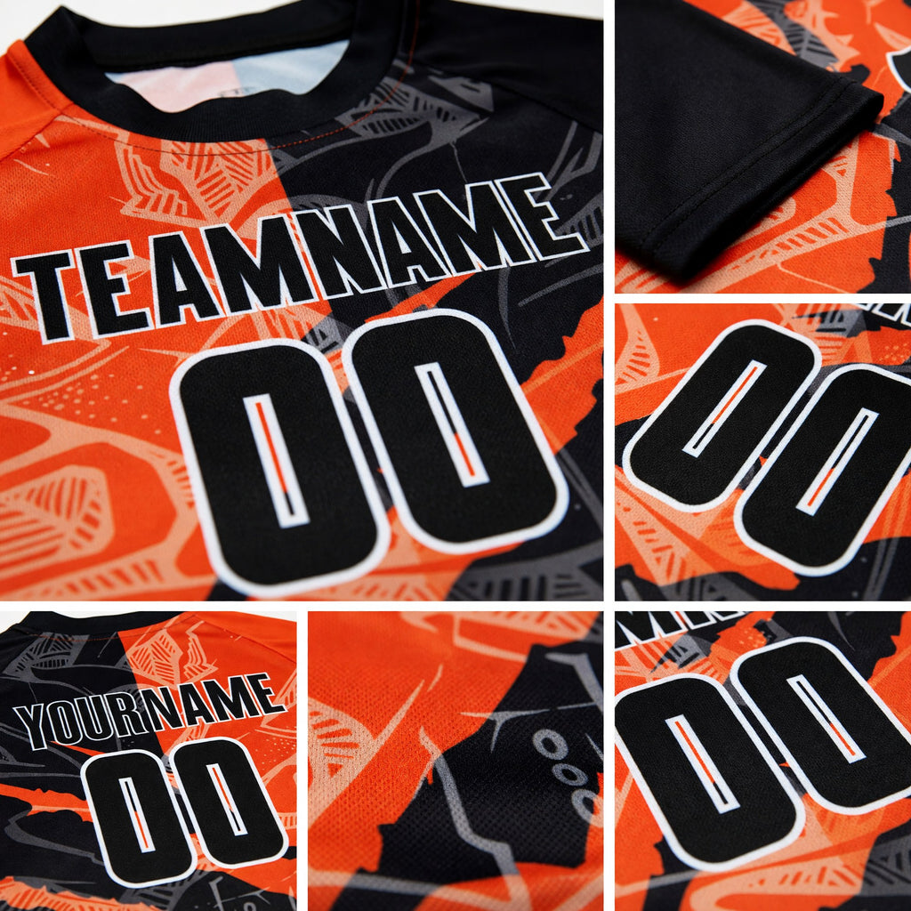 Custom Graffiti Pattern Black-Orange Scratch Sublimation Soccer Uniform Jersey detail