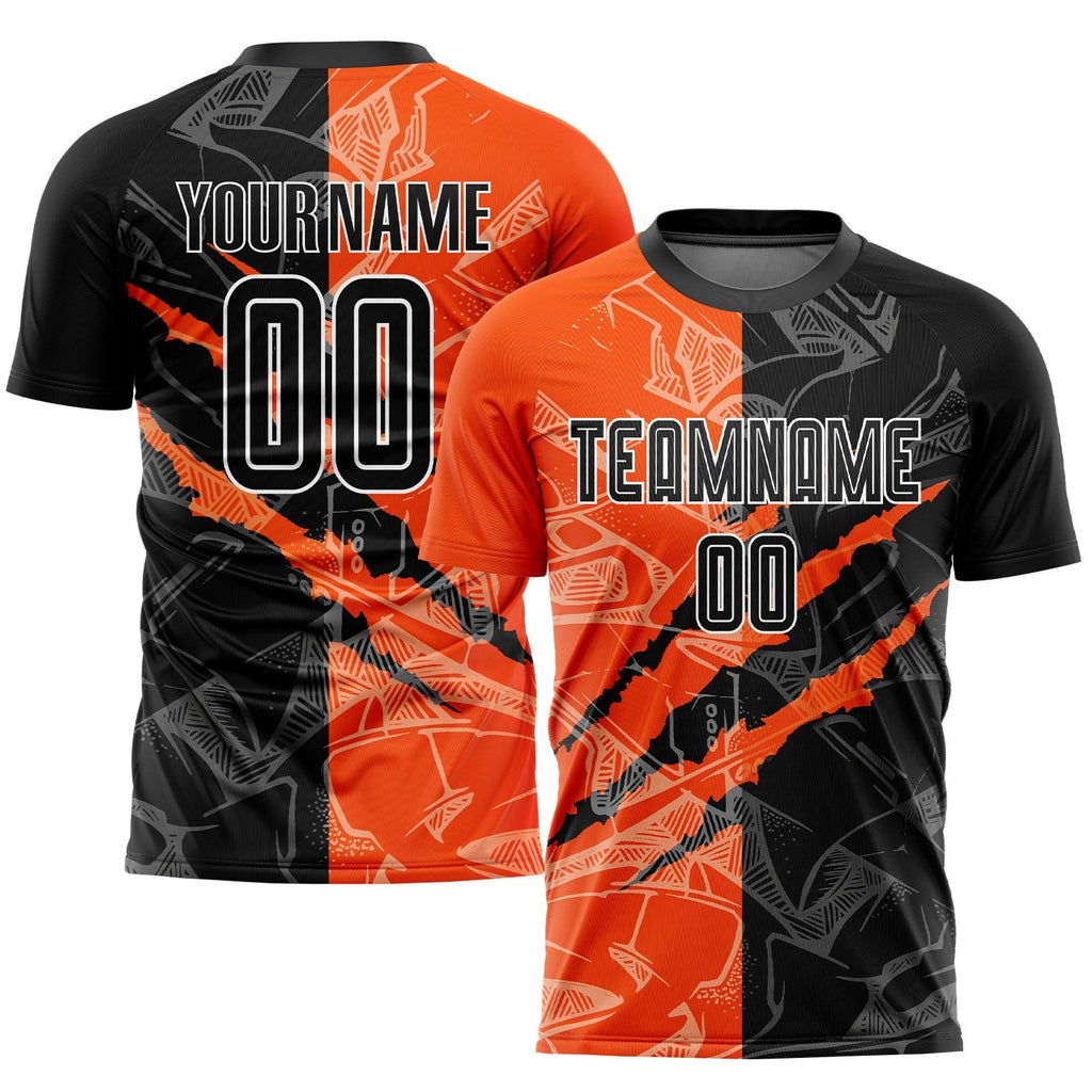 Custom Graffiti Pattern Black-Orange Scratch Sublimation Soccer Uniform Jersey photo 1
