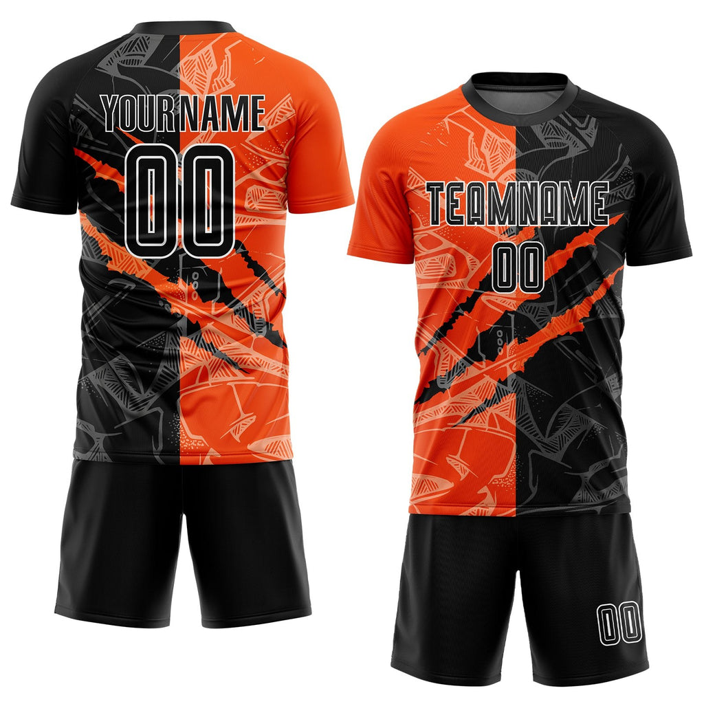Custom Graffiti Pattern Black-Orange Scratch Sublimation Soccer Uniform Jersey photo 2