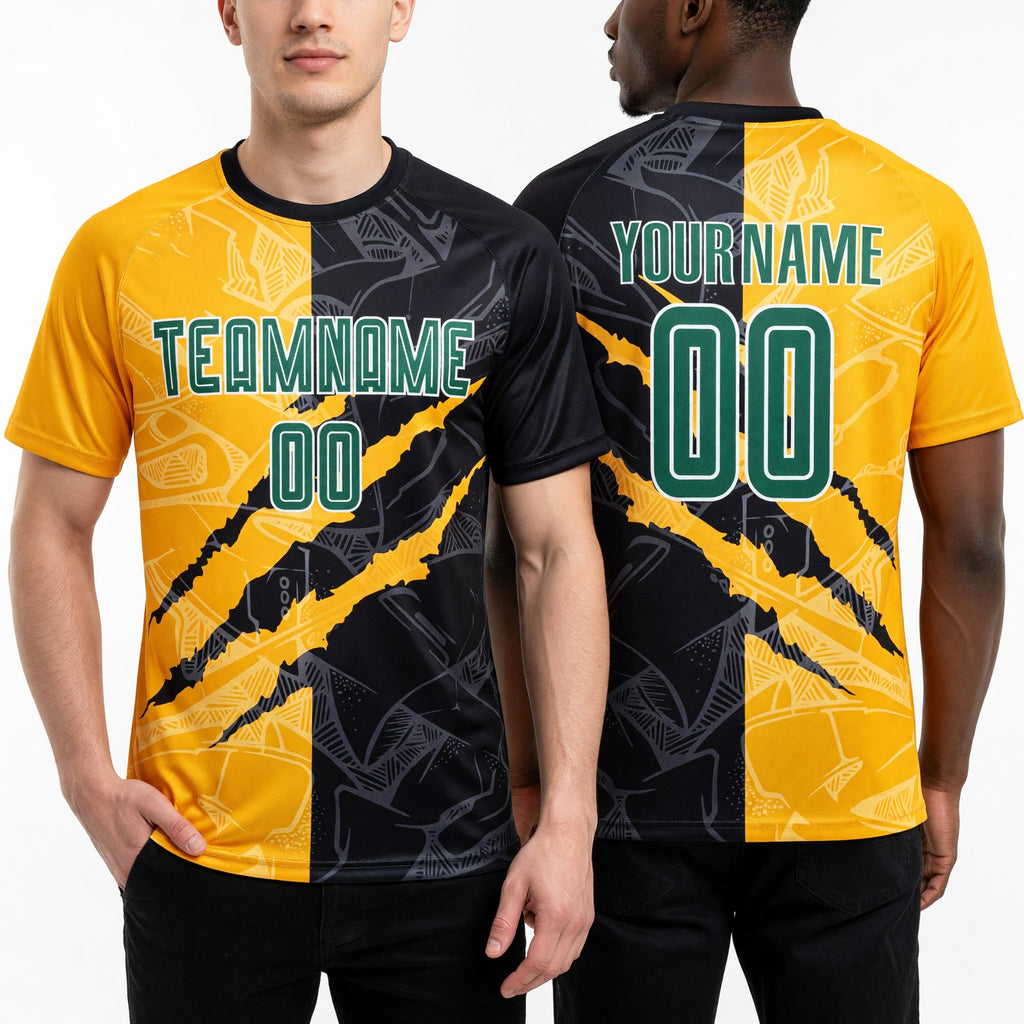 Custom Graffiti Pattern Kelly Green Black-Yellow Scratch Sublimation Soccer Uniform Jersey worn front and back