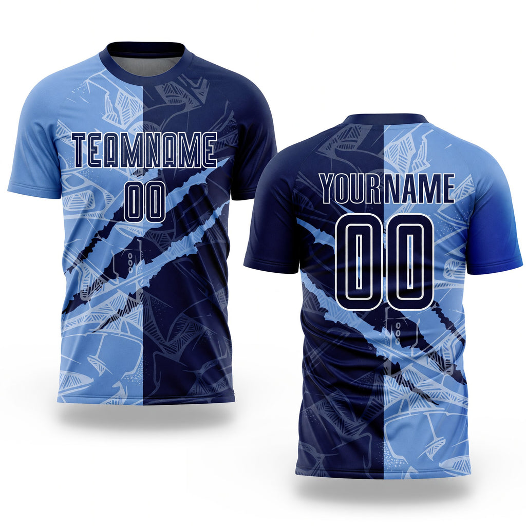 Custom Graffiti Pattern Navy-Light Blue Scratch Sublimation Soccer Uniform Jersey