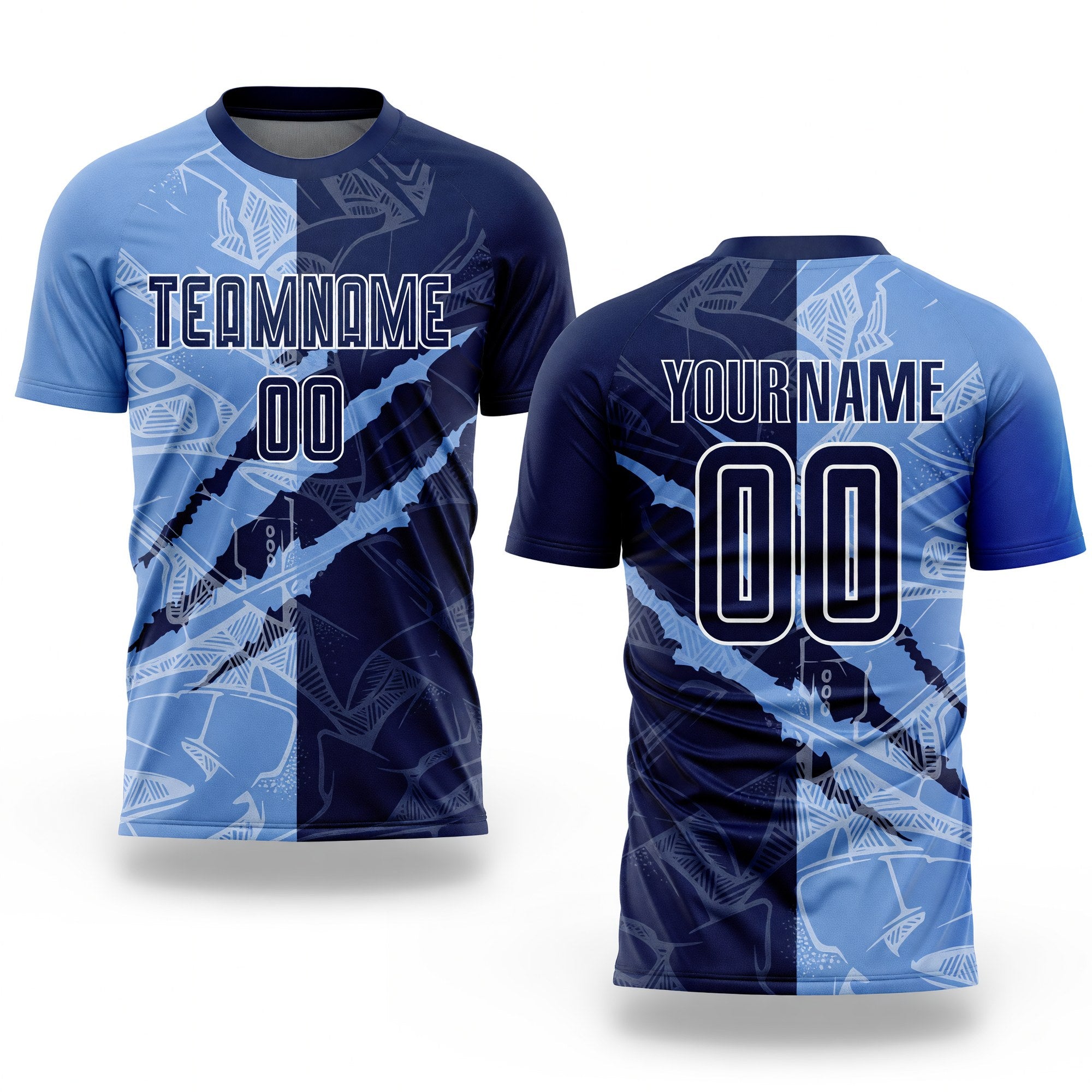 Custom Graffiti Pattern Navy-Light Blue Scratch Sublimation Soccer Uniform Jersey