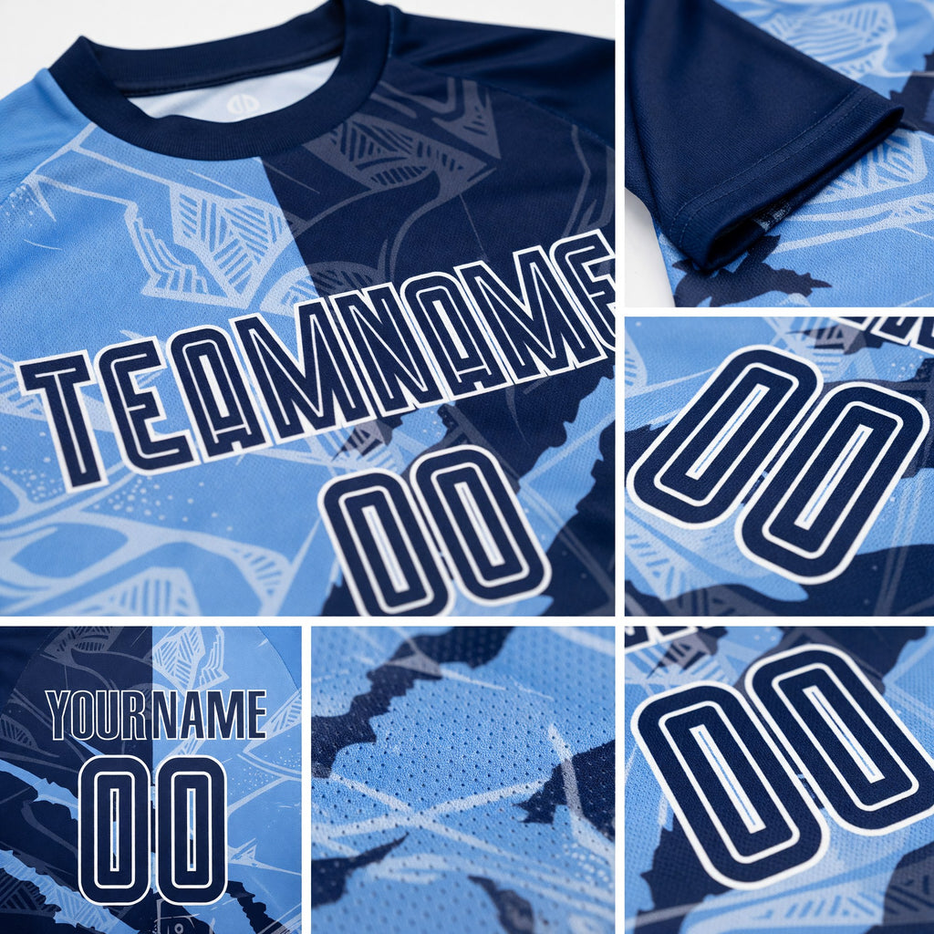 Custom Graffiti Pattern Navy-Light Blue Scratch Sublimation Soccer Uniform Jersey detail